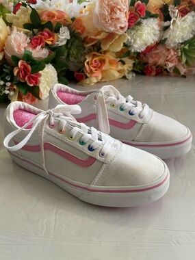 Vans Ward Low White Pink Rainbow Eyelets Canvas Skate Sneakers Girls Size 3